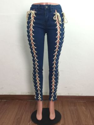 Women's new autumn corn eyelet drawstring elastic sexy slim denim trousers A3287
