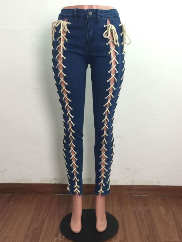 Women's new autumn corn eyelet drawstring elastic sexy slim denim trousers A3287