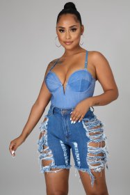 New style washed and worn sexy denim casual shorts with holes A3283