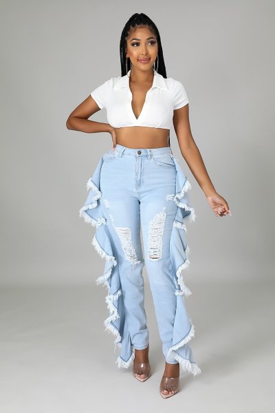 Slim-fit sexy stretch jeans with ruffled fringe and shredded holes A3293