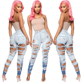 New women's wash water, worn, white, ripped holes, gradient, elastic, sexy jeans A3285