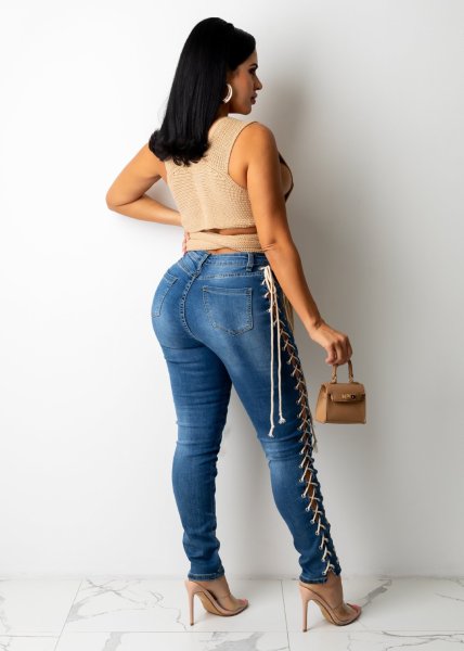 Women's new autumn corn eyelet drawstring elastic sexy slim denim trousers A3287