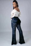 New women's sexy stretch denim flared pants with washed water holes and sanded hair A3273