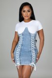 New women's fashion denim color matching wash water eyelet straps slim sexy dress A3292