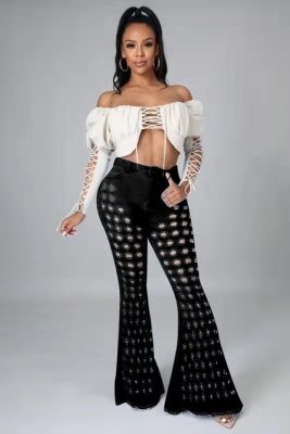 New women's sexy stretch denim flared pants with washed water holes and sanded hair A3273