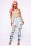 New women's wash water, worn, white, ripped holes, gradient, elastic, sexy jeans A3285