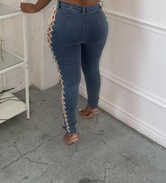 Women's new autumn corn eyelet drawstring elastic sexy slim denim trousers A3287