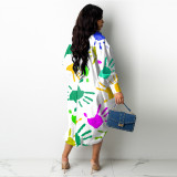 Fashion hem drawstring palm print dress GH 072