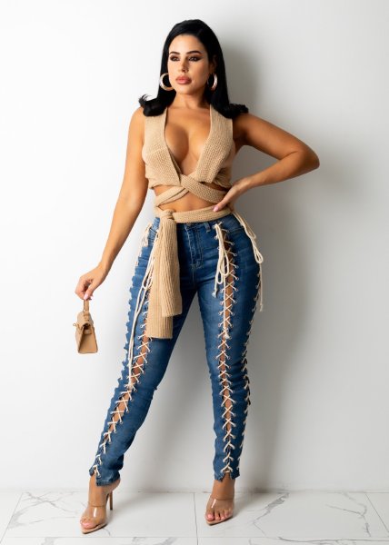 Women's new autumn corn eyelet drawstring elastic sexy slim denim trousers A3287
