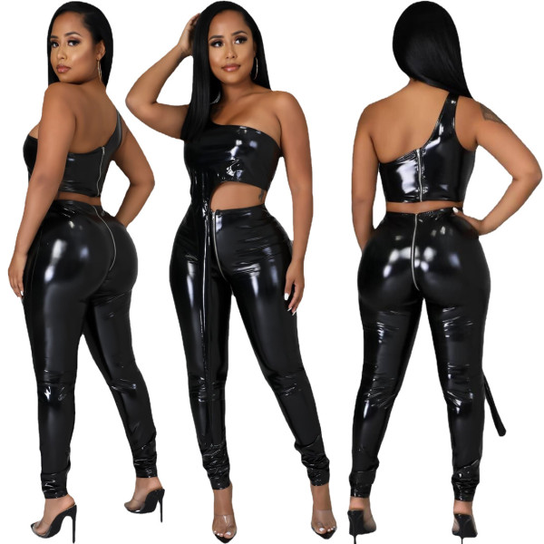 New women's sleeveless breast wrap fashion PU four-way stretch slim sexy suit two-piece suit A3296