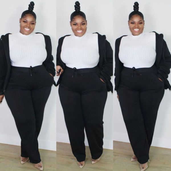 Plus size women's solid color zipper with hood pockets plus size two-piece suit CQ150