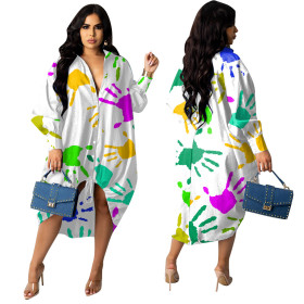 Fashion hem drawstring palm print dress GH 072