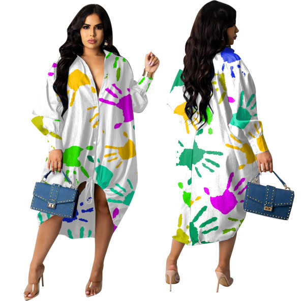 Fashion hem drawstring palm print dress GH 072