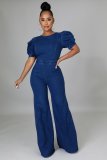 Women's Puff Sleeve Hollow Zipper Round Neck Short Sleeve Denim Jumpsuit A3289