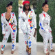 Healthy cloth urban casual leisure long-sleeved fashion beauty suit printed white suit SZ6042