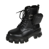 Solid color pocket boots women's leather boots 43 large size thick bottom low tube lace-up rider boots S652238610772