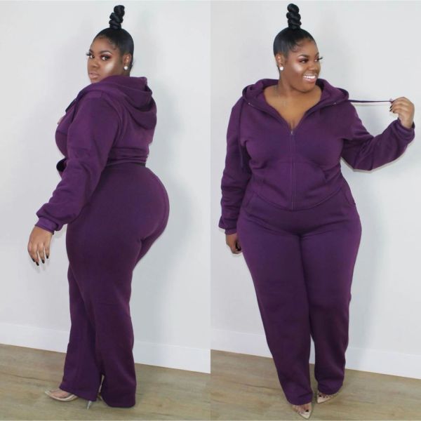 Plus size women's solid color zipper with hood pockets plus size two-piece suit CQ150