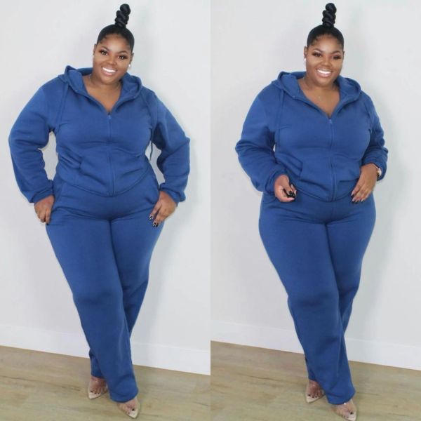 Plus size women's solid color zipper with hood pockets plus size two-piece suit CQ150