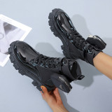 Solid color pocket boots women's leather boots 43 large size thick bottom low tube lace-up rider boots S652238610772