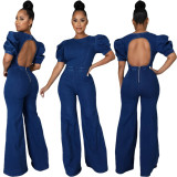 Women's Puff Sleeve Hollow Zipper Round Neck Short Sleeve Denim Jumpsuit A3289