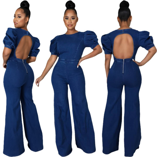 Women's Puff Sleeve Hollow Zipper Round Neck Short Sleeve Denim Jumpsuit A3289