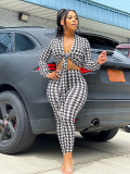 Women's Fashion Casual Sexy Houndstooth Printed Bandage Slim Long Sleeve Trousers Two-Piece Set SM9209