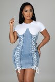 New women's fashion denim color matching wash water eyelet straps slim sexy dress A3292