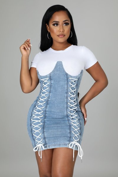New women's fashion denim color matching wash water eyelet straps slim sexy dress A3292