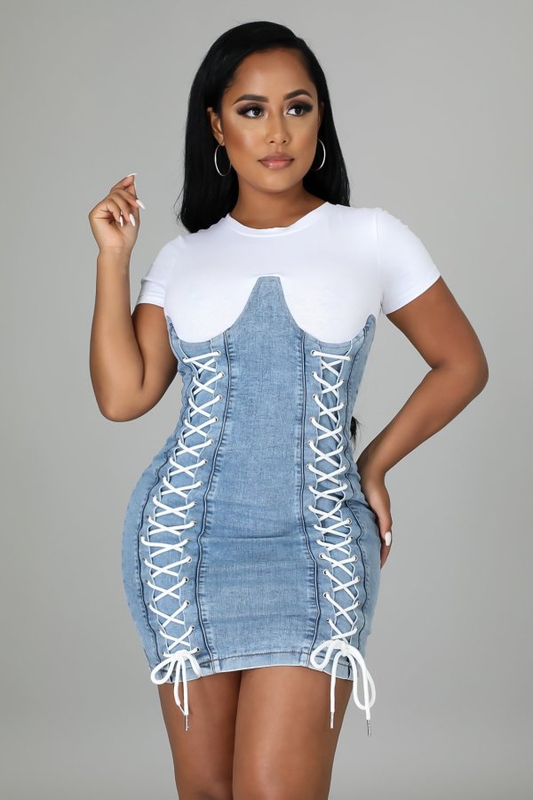 New women's fashion denim color matching wash water eyelet straps slim sexy dress A3292