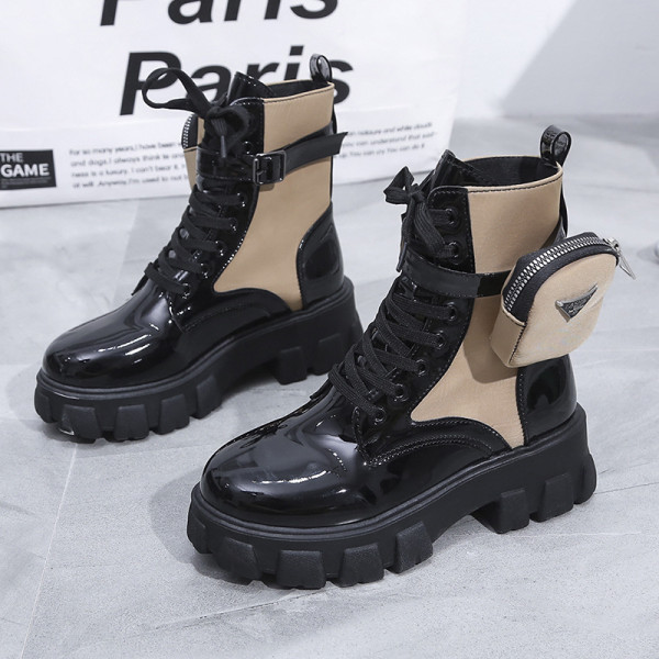 Solid color pocket boots women's leather boots 43 large size thick bottom low tube lace-up rider boots S652238610772