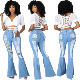 Fall new women's clothing, washed, worn, worn out, slim sexy flared jeans A3286