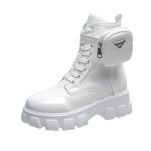 Solid color pocket boots women's leather boots 43 large size thick bottom low tube lace-up rider boots S652238610772