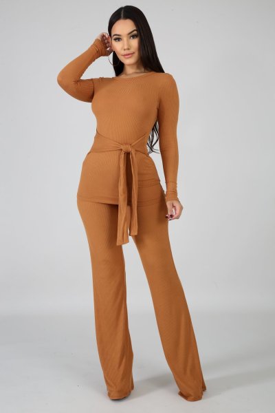 Fashion solid color lace-up ribbed flared pants casual two-piece suit A5088