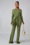 Fashion solid color lace-up ribbed flared pants casual two-piece suit A5088