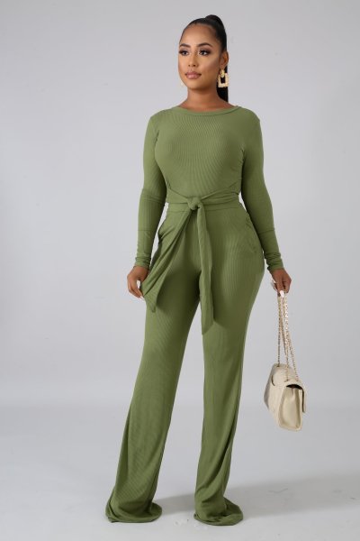Fashion solid color lace-up ribbed flared pants casual two-piece suit A5088