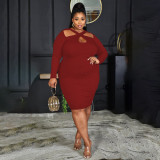 Autumn and winter fat lady plus size sexy temperament small pit strip solid color dress PH13257