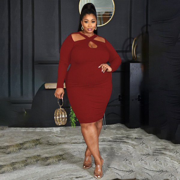 Autumn and winter fat lady plus size sexy temperament small pit strip solid color dress PH13257