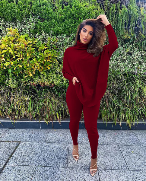 Fashion casual solid color bat sleeve split top trousers two-piece suit M2070