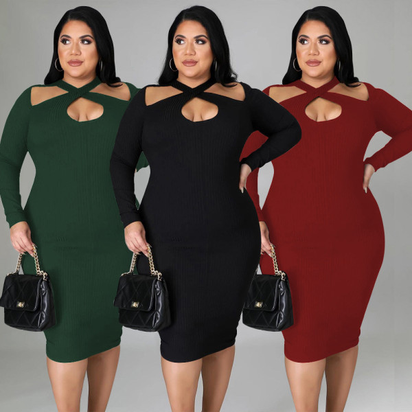 Autumn and winter fat lady plus size sexy temperament small pit strip solid color dress PH13257