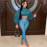 Women's Digital Printed Striped Arm Drawstring Bare Stomach Fashion Sexy 2-Piece Set SZ8175