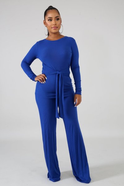 Fashion solid color lace-up ribbed flared pants casual two-piece suit A5088