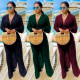 Ladies' pleated open chest V-neck fashion casual wide-leg pants 2-piece set SZ8185