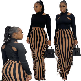 Fashion striped high waist fringed all-match casual skirt A5086-0