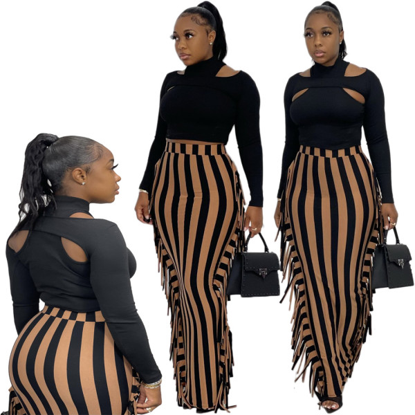 Fashion striped high waist fringed all-match casual skirt A5086-0