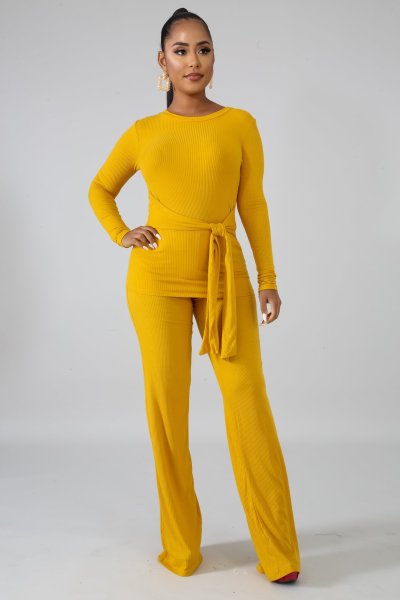 Fashion solid color lace-up ribbed flared pants casual two-piece suit A5088