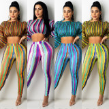 Women's Digital Printed Striped Arm Drawstring Bare Stomach Fashion Sexy 2-Piece Set SZ8175