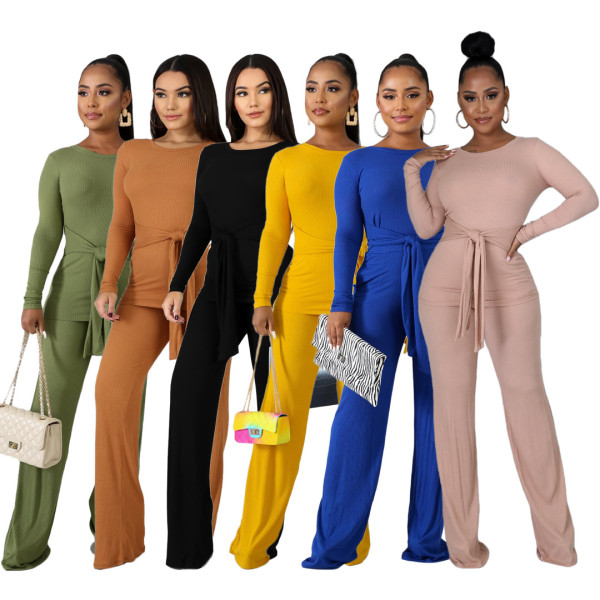 Fashion solid color lace-up ribbed flared pants casual two-piece suit A5088