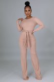 Fashion solid color lace-up ribbed flared pants casual two-piece suit A5088