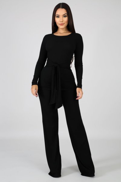 Fashion solid color lace-up ribbed flared pants casual two-piece suit A5088