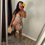 Fashion Palm Leaf Halter Slit Dress A6692